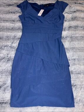 NWT WHBM Elegant Blue shimmer slimming Cap-Sleeve Layered Sheath Dress